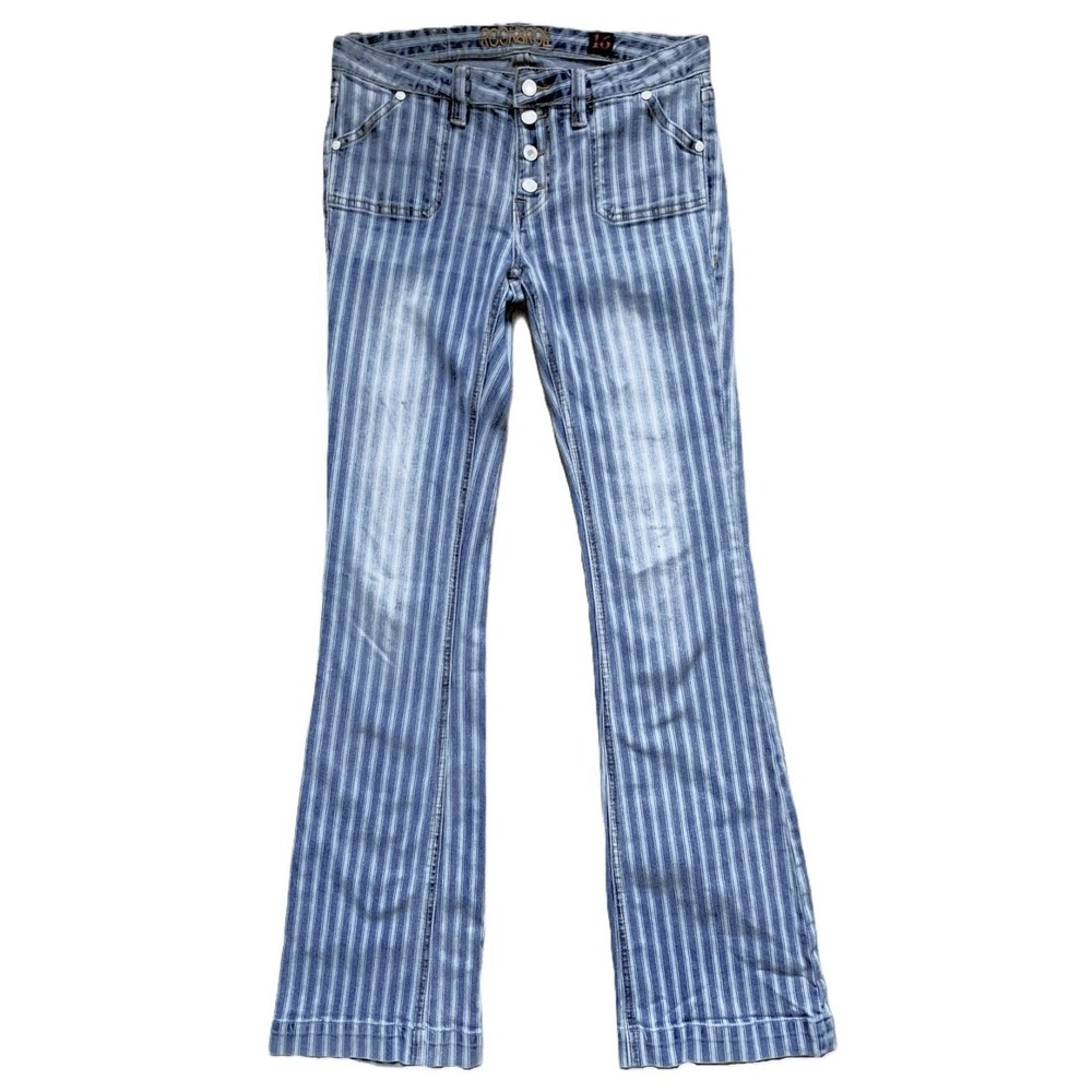 Cowgirl Hippie Boho Rock&Roll Jeans BUTTON FLY Striped Distress Bootcut 28W x 33